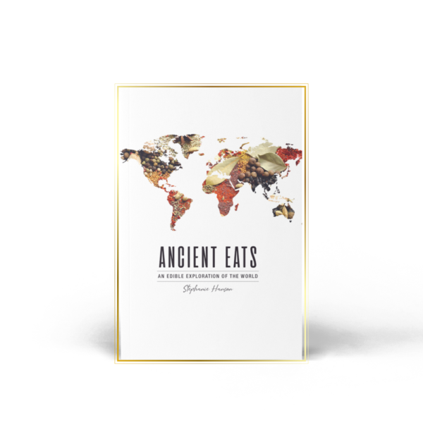 ancient history cookbook cover with map made of spices